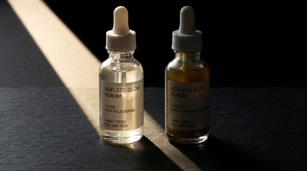 Two vitamin C serum bottles side by side — one fresh and pale gold, one oxidized and darkened — illustrating proper storage importance
