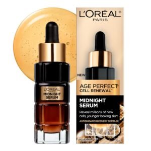L'Oreal Paris Age Perfect Midnight Serum purple bottle with night recovery formula