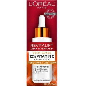 L'Oreal Paris Revitalift 12% Pure Vitamin C Serum bottle with orange accent