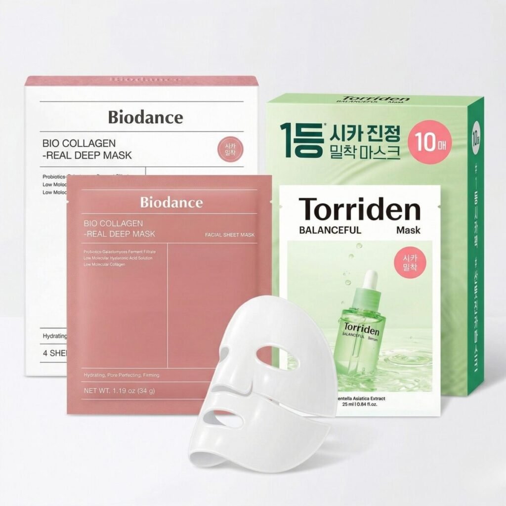 BIODANCE Bio-Collagen hydrogel mask on a white surface next to the Torriden Cica mask