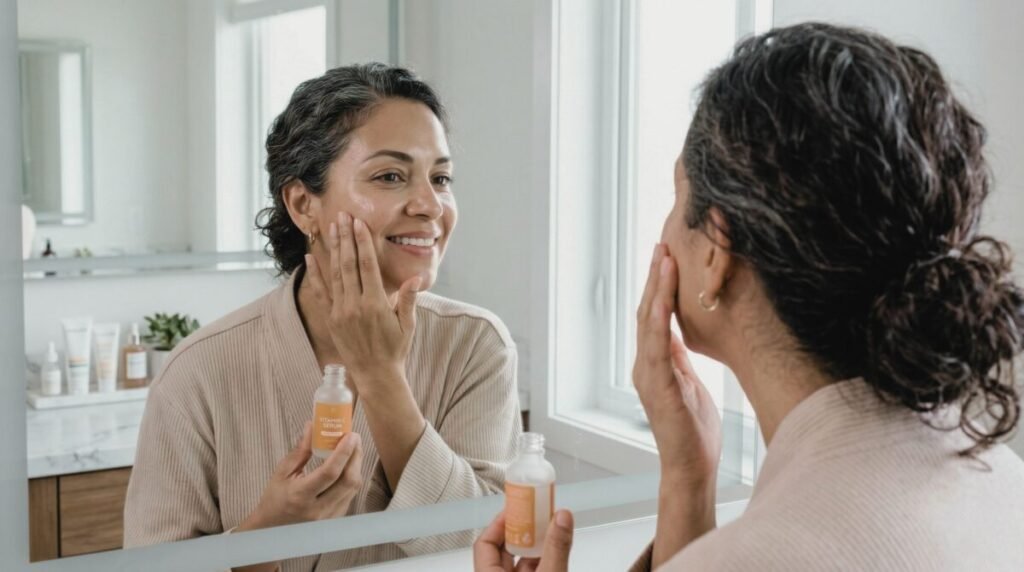 Close-up of a woman in her 40s applying vitamin C serum to her face in a bright bathroom mirror, showing glowing, even-toned skin