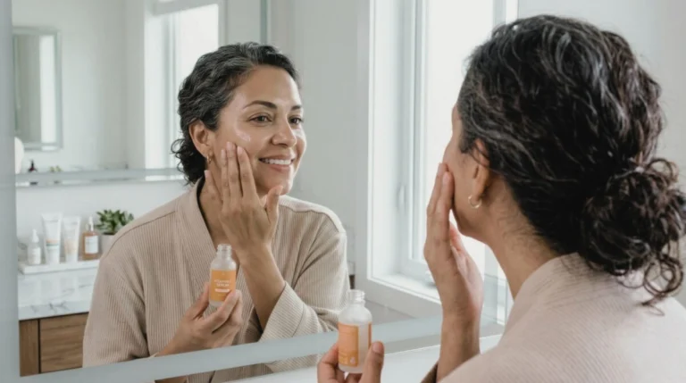 Close-up of a woman in her 40s applying vitamin C serum to her face in a bright bathroom mirror, showing glowing, even-toned skin