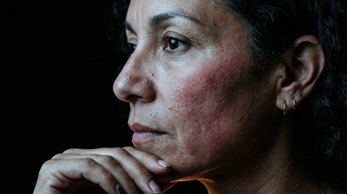 Close-up of a woman's real skin texture in her forties — fine lines, pores, and slight redness visible in cool editorial light