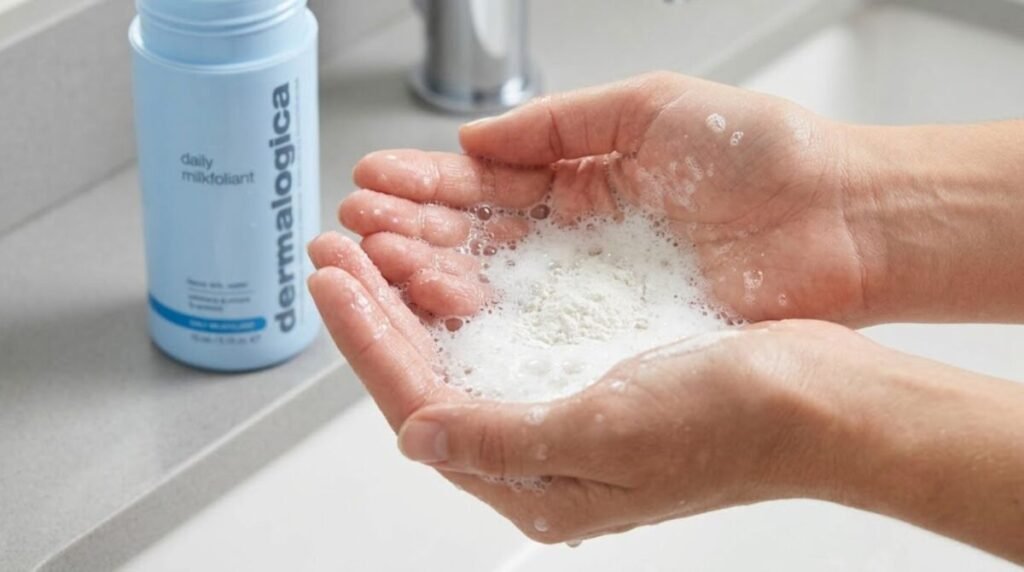 Dermalogica Daily Milkfoliant powder exfoliant activating into foam in cupped hands, Sunday skincare routine first step
