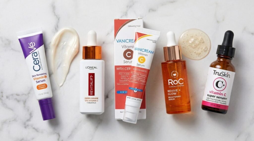 Five drugstore vitamin C serums in varied packaging arranged on a marble surface with drops of golden serum between them