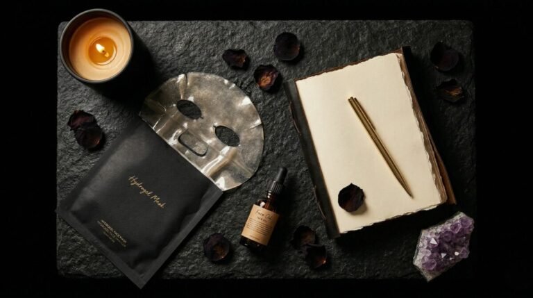 Flatlay of a full moon skincare ritual setup — lit candle, hydrogel face mask, amber face oil bottle, and open journal with gold pen on a dark stone surface
