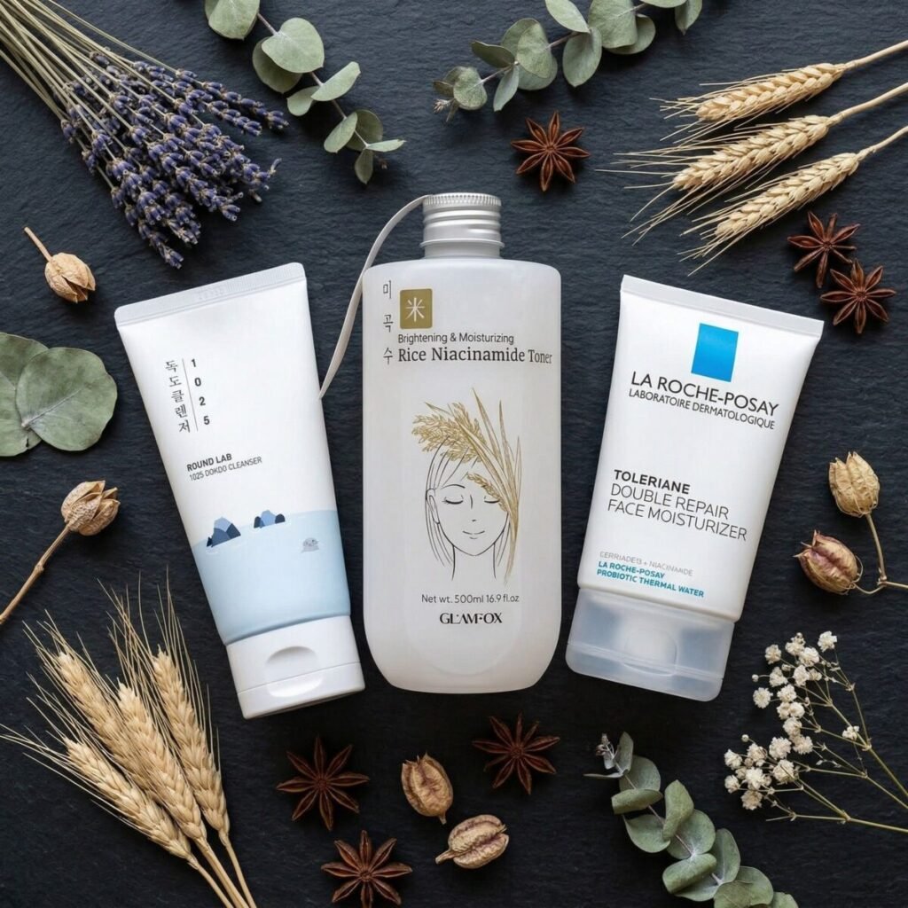 Flatlay of three products on a dark textured surface with dried botanicals.