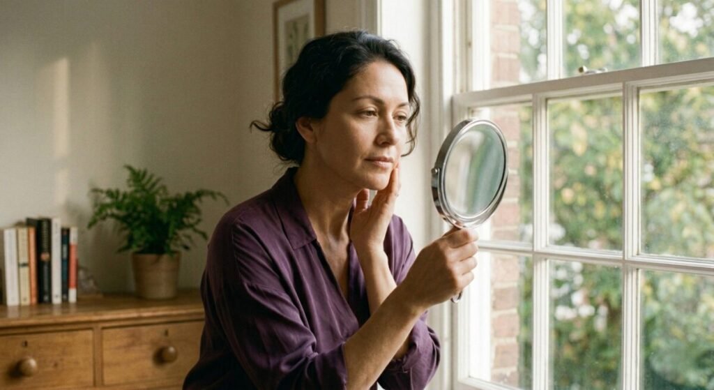 Woman in her forties looking at her skin in natural window light with a calm, contemplative expression