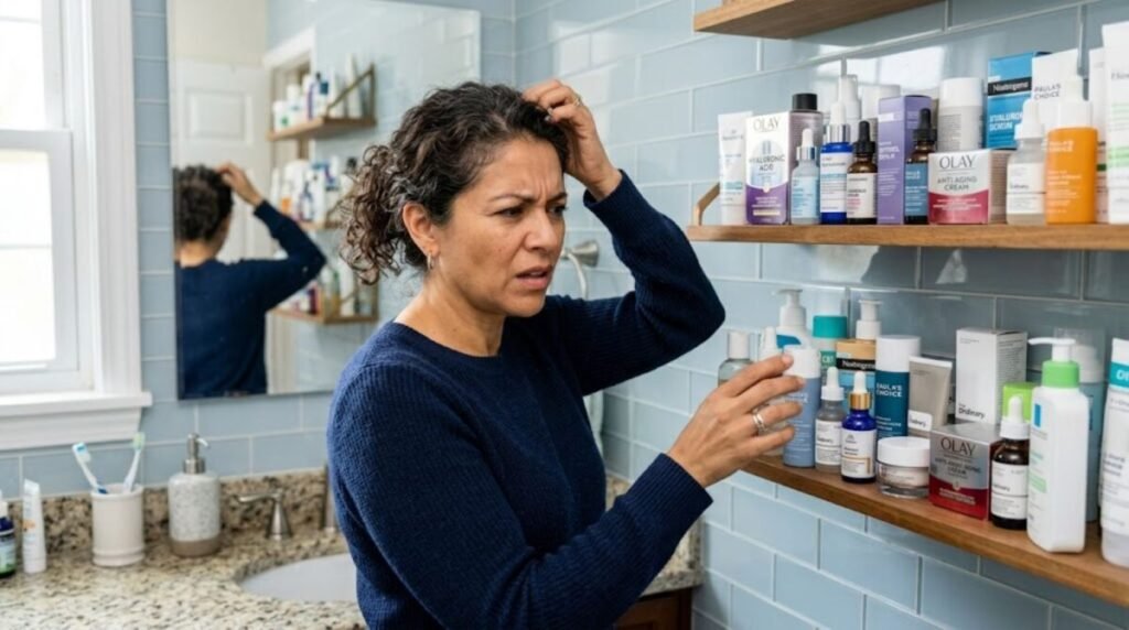 Woman in her 40s looking at skincare products on a bathroom shelf with an expression of frustration and confusion