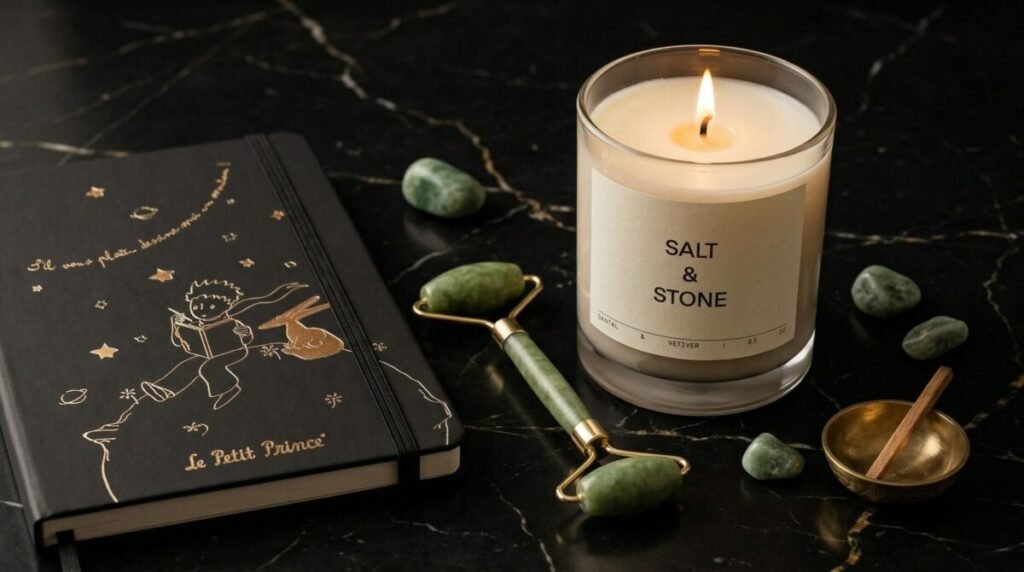 Lit candle and journal on bathroom counter with soft warm glow