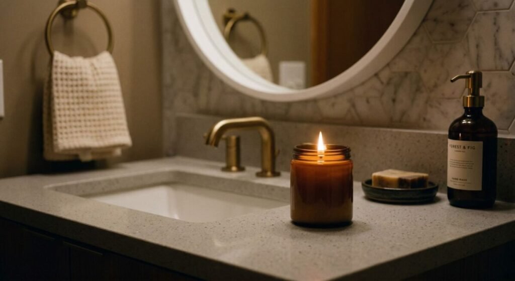Lit candle on bathroom counter with soft warm glow, minimal styling