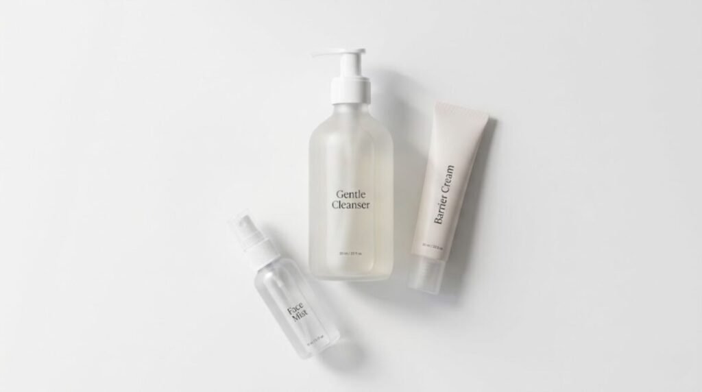  Flat lay of minimal skincare products on a clean white surface — gentle cleanser, barrier cream, and a small spray bottle