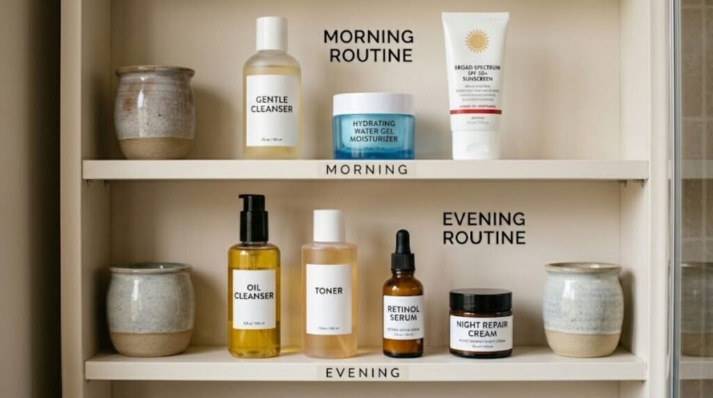 Neatly arranged morning and evening skincare routine products including retinol serum, water gel moisturizer, and broad-spectrum sunscreen on a bathroom shelf