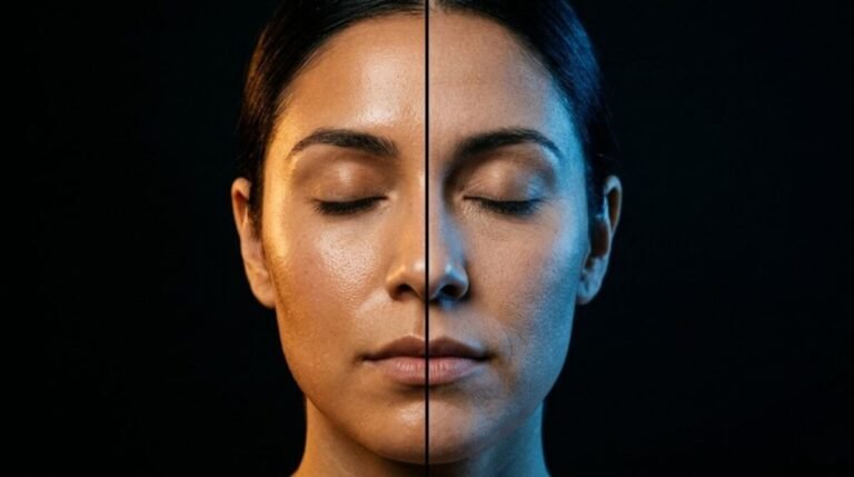 Woman's face lit in split tones — warm light on oily skin and cool light on dry skin — illustrating the perimenopause skin paradox