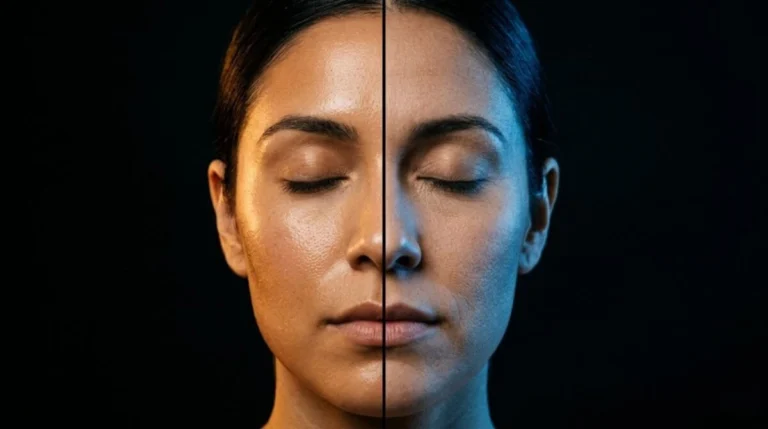 Woman's face lit in split tones — warm light on oily skin and cool light on dry skin — illustrating the perimenopause skin paradox