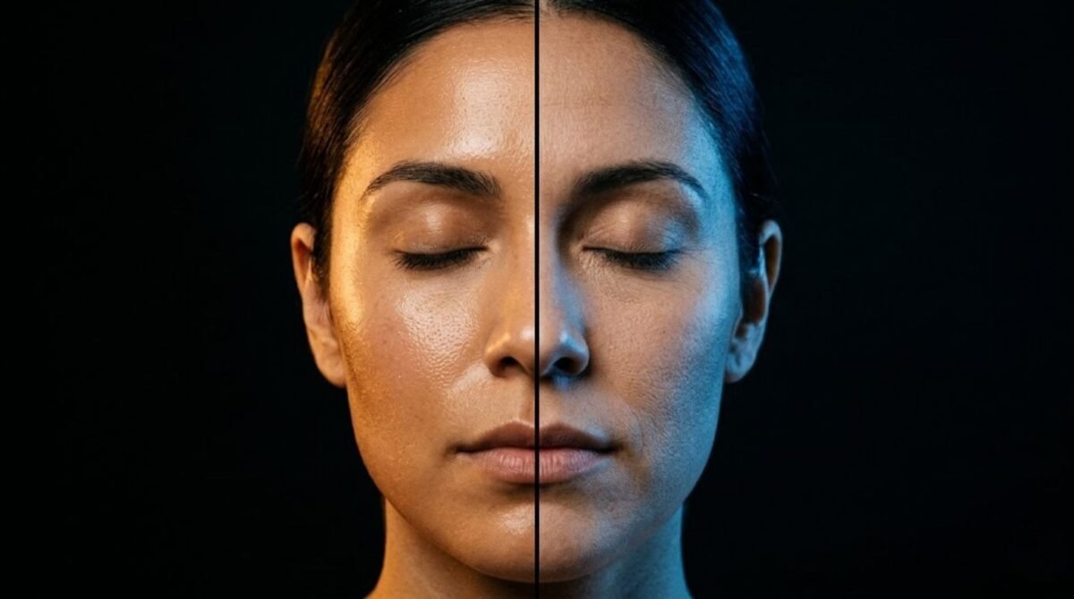Woman's face lit in split tones — warm light on oily skin and cool light on dry skin — illustrating the perimenopause skin paradox