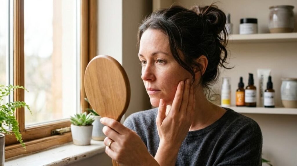 Close-up of a woman in her late thirties examining her bare skin in natural window light, reflecting on years of skincare trial and error