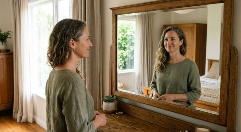 Woman in her 40s looking in mirror with calm expression, natural light