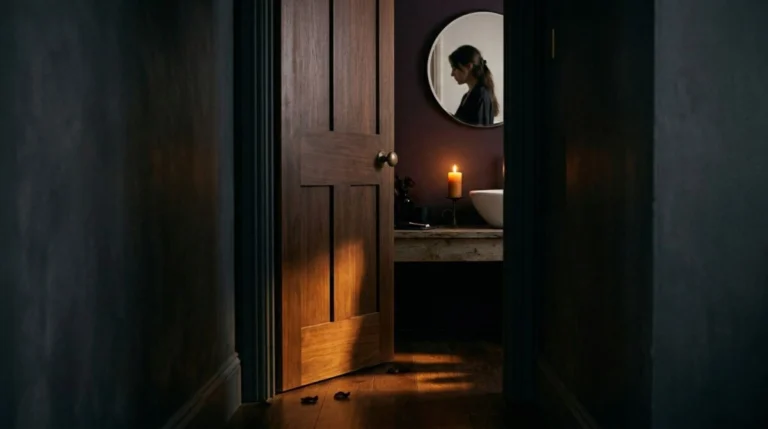 Warm candlelight glowing through a slightly open bathroom door, a quiet moment of intentional skincare privacy