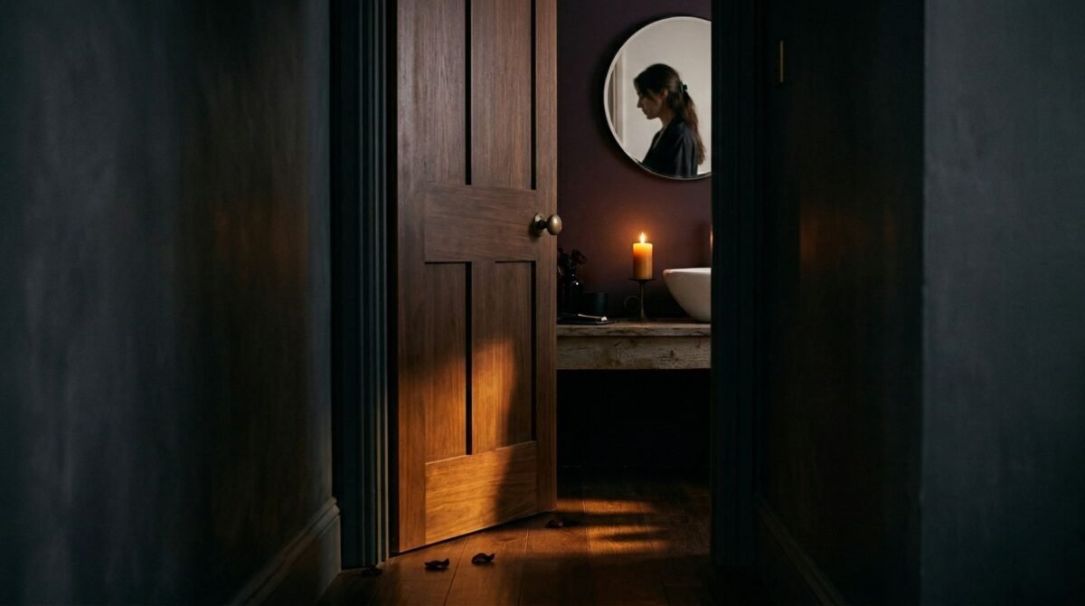 Warm candlelight glowing through a slightly open bathroom door, a quiet moment of intentional skincare privacy