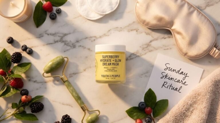 Youth To The People Superberry Dream Mask glass jar on marble surface in warm evening light, weekly skincare ritual flatlay