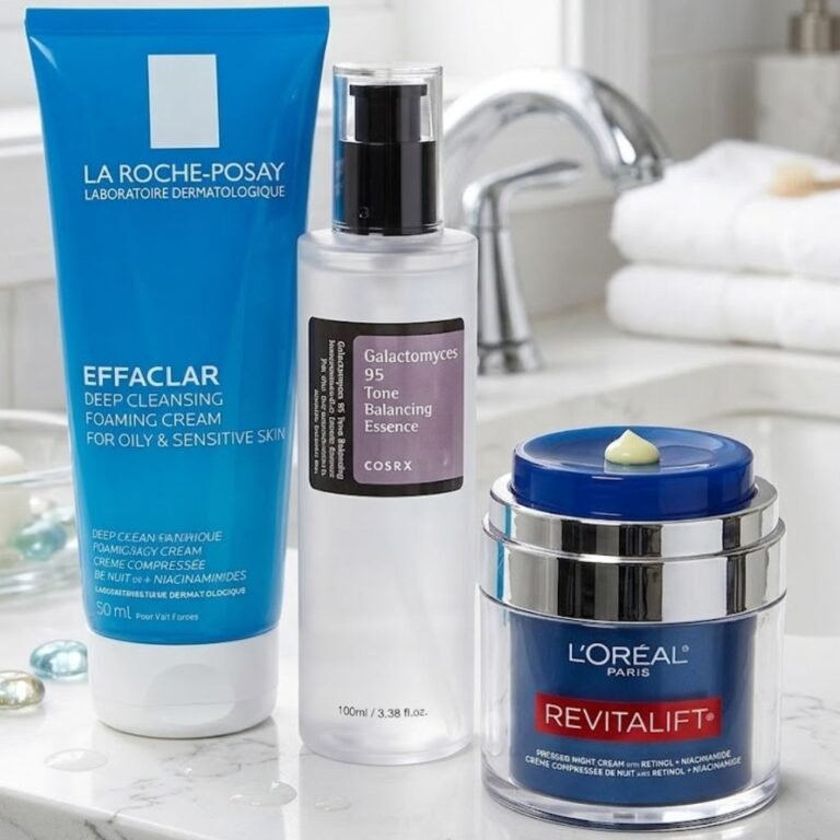  Flat lay of five nighttime skincare products on a marble surface including cleanser, toner, serum, eye cream, and night cream for mature skin