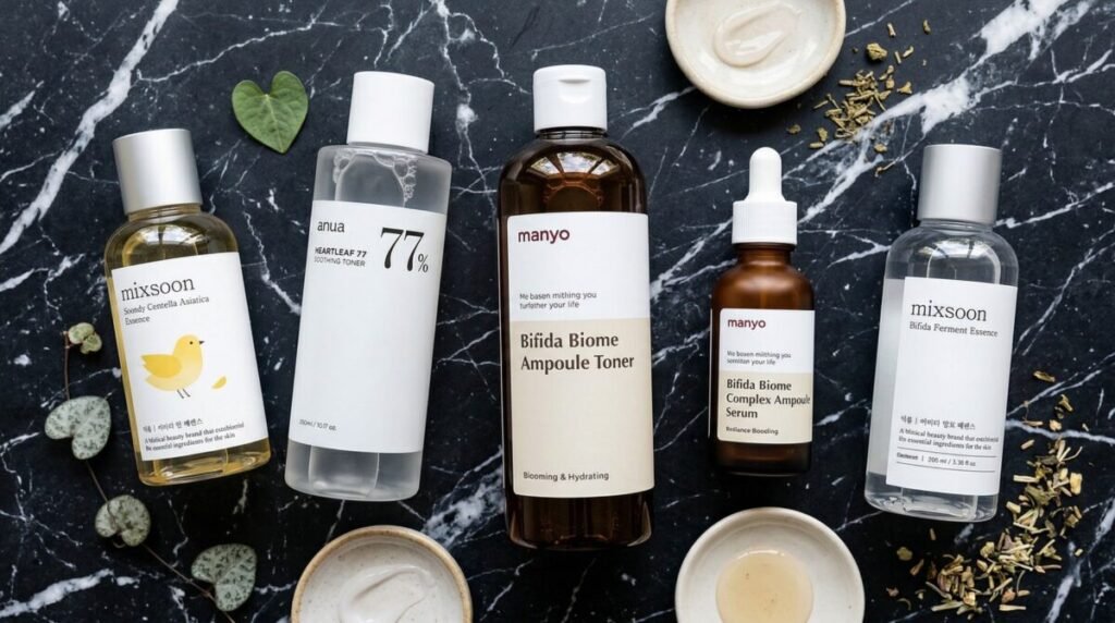 flat lay of K-beauty essences and fermented serums arranged on a dark marble surface