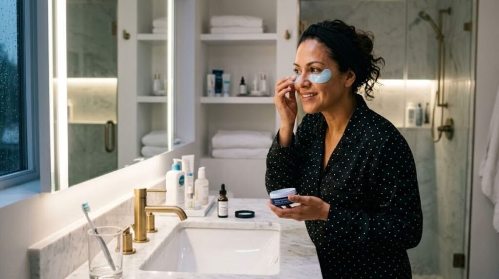 latina woman wearing black pajamas applying overnight eye patches in her bathroom