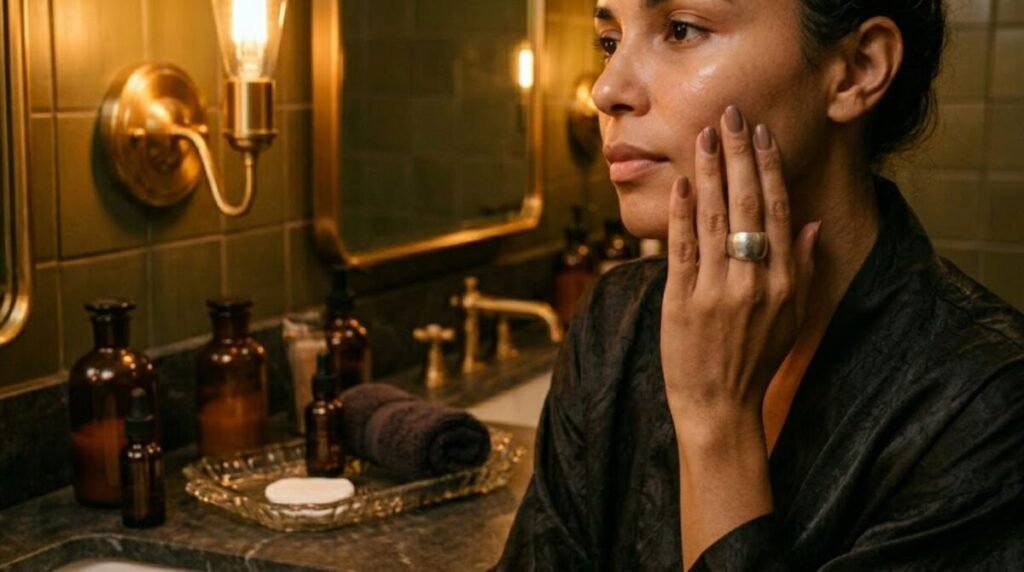 Woman over 40 applying night cream to her face in a softly lit bathroom mirror as part of her evening skincare routine