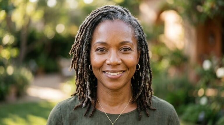 Close-up of a Black woman over 40 with luminous skin, looking directly at camera in natural light