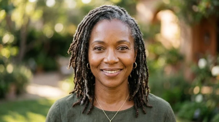 Close-up of a Black woman over 40 with luminous skin, looking directly at camera in natural light