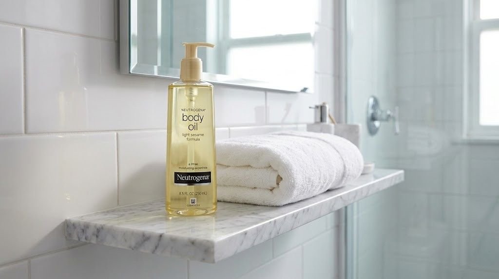 Neutrogena Body Oil bottle on a marble bathroom shelf next to a folded white towel