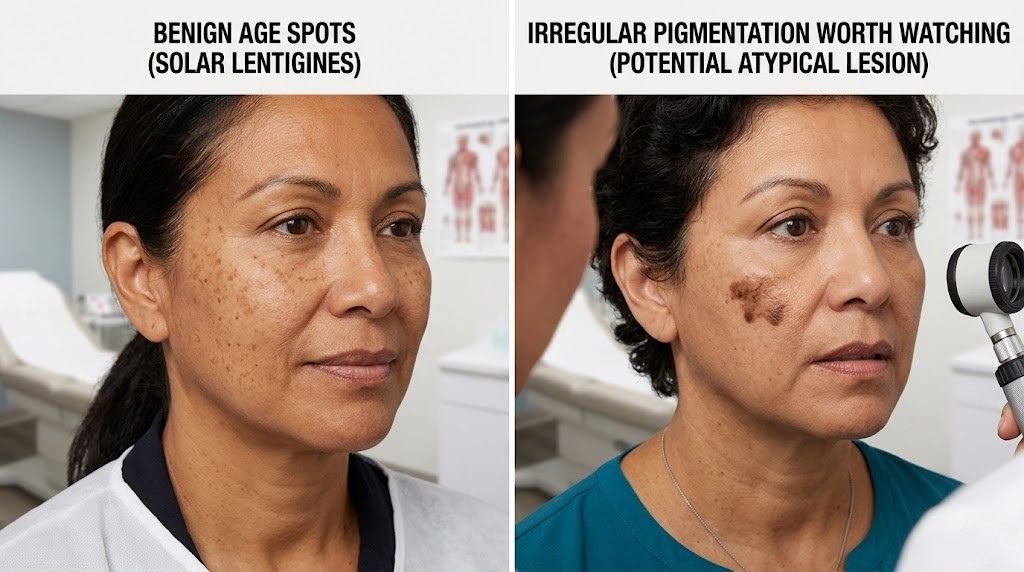 side-by-side reference showing benign age spots versus irregular pigmentation worth watching - women over 40