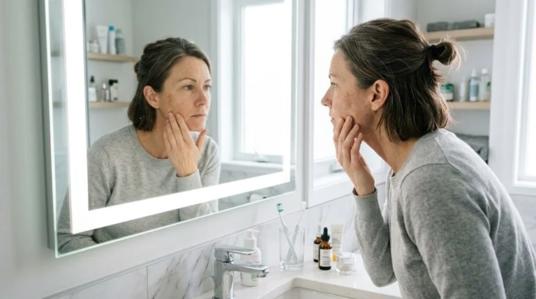Woman examining her skin in a well-lit mirror, mid-40s, matter-of-fact expression — not fearful, focused
