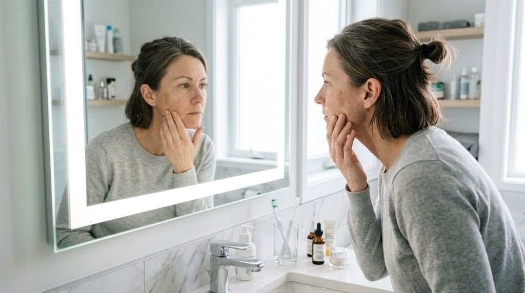 Woman examining her skin in a well-lit mirror, mid-40s, matter-of-fact expression — not fearful, focused