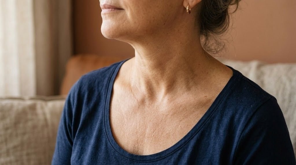 close-up of woman's neck and décolletage showing dry skin texture against a neutral warm background