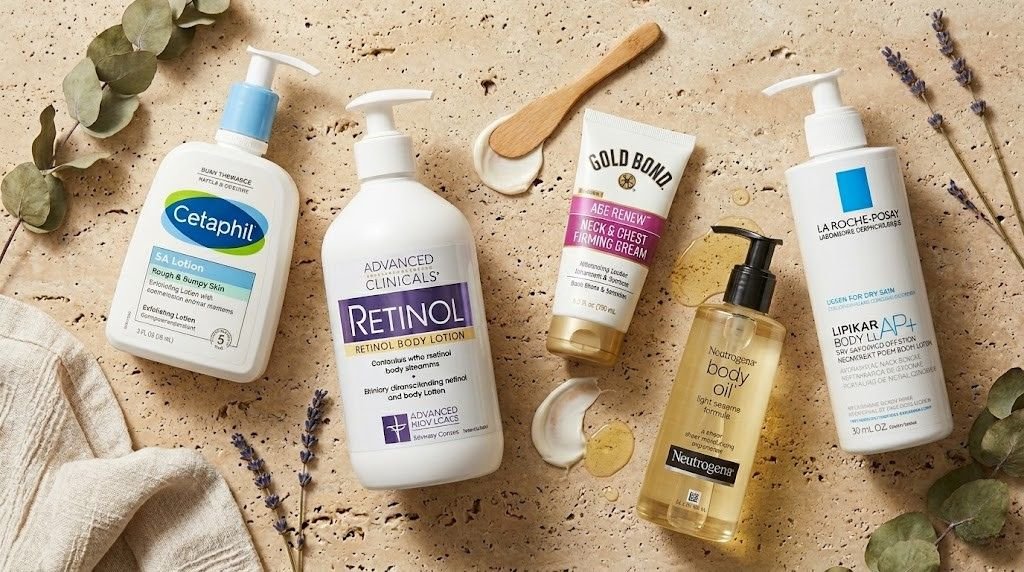 flatlay of body skincare products arranged on a stone surface including lotion, body oil, and exfoliating cream