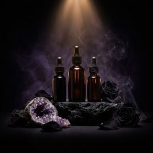 Four face serums arranged on marble surface for combination skin routine