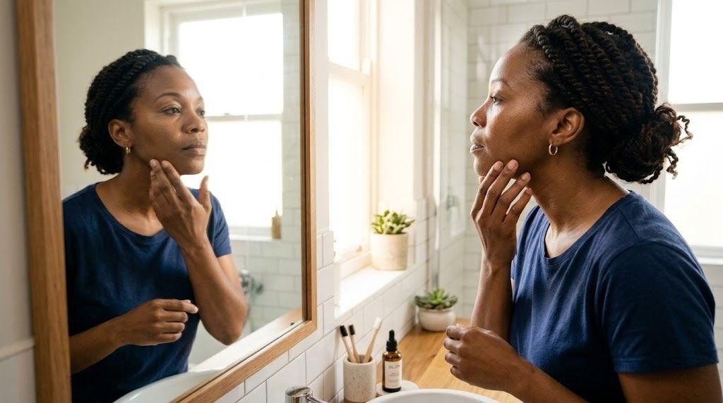 Close-up of a woman in her 40s examining her jawline in a bathroom mirror, morning light, no filter