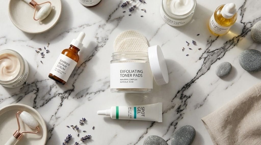 Flatlay of skincare treatment products on a dark marble surface, including a spot gel and exfoliating toner pads