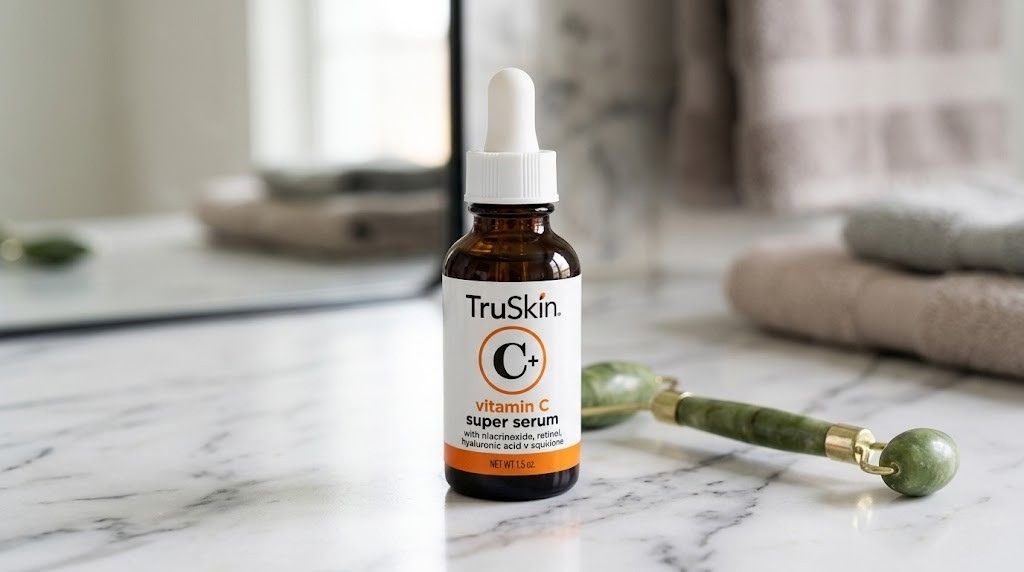 TruSkin Vitamin C Super Serum bottle on a marble surface with a jade roller beside it