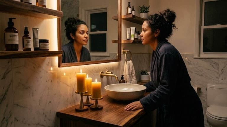 Woman standing at a dimly lit bathroom mirror at night, candlelight reflected, expression thoughtful and unguarded