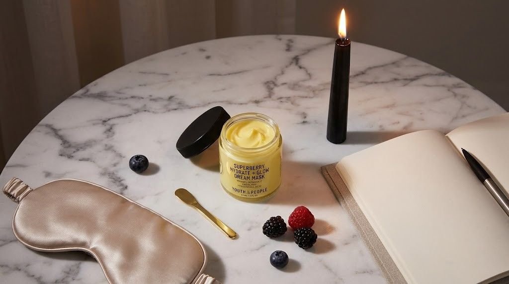 Youth to the People Superberry Dream Mask jar on a marble surface beside a lit black candle and a journal, evening skincare flatlay