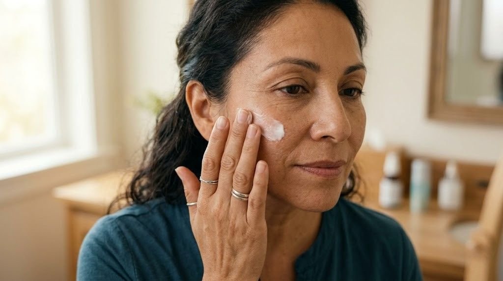 close-up of a woman over 40 applying a cream moisturizer to dry skin along the cheekbone