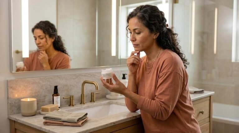 mid-40s latina woman contemplating a jar of facial cream in a well-lit bathroom with a vanity