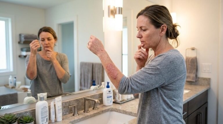 mid-40s woman with eczema flare-up on her arm contemplating her skin in a well-lit bathroom with vanity