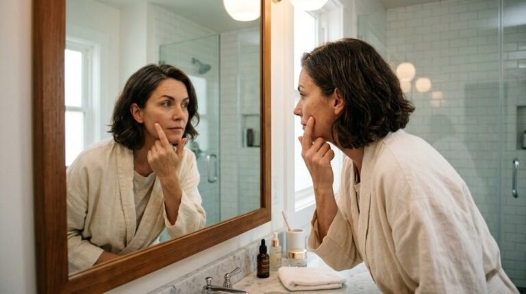 portrait of a woman in her mid-forties examining her skin in a well-lit bathroom mirror, expression thoughtful rather than distressed