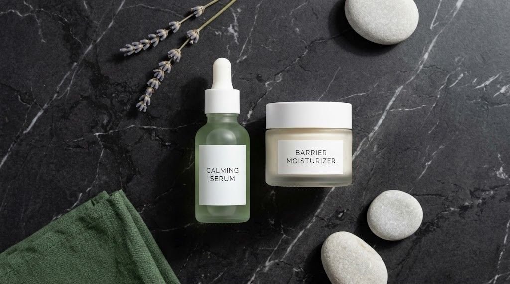 skincare flatlay featuring a calming serum and barrier moisturizer on a marble surface